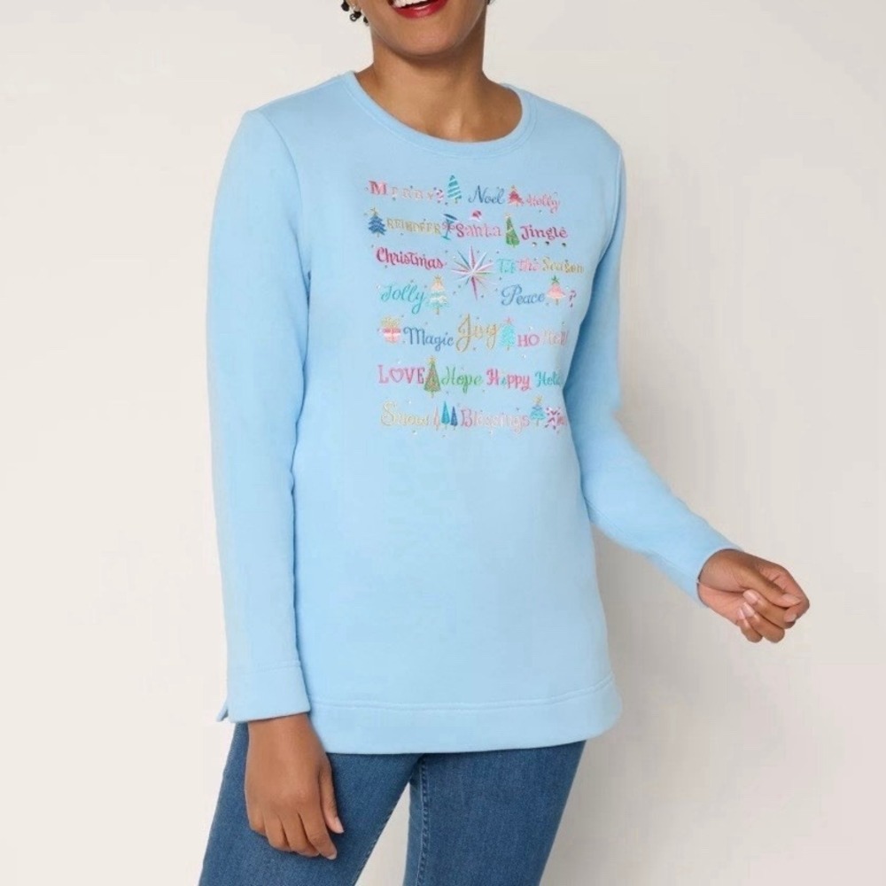 Quacker Factory Blue Merry and Bright Long Sleeve‎ Crew Neck Sweatshirt SMALL
